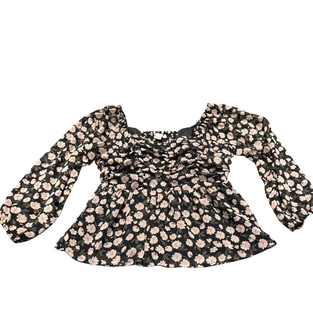 American Eagle‎ Cottagecore Floral Smocked Peplum Top Black Pink Size S